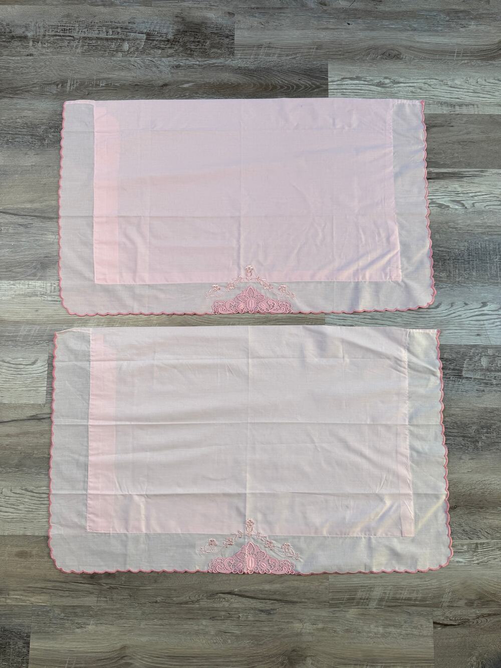 Vintage 50s 60s Pink Pillow Shams Pair Embroidered Lace Coquette Cottagecore